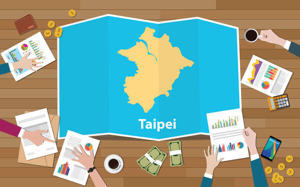 Рост экономики тайваньской столицы города Тайвань с командой обсуждают на сводных картах вид с верхней векторной иллюстрации
