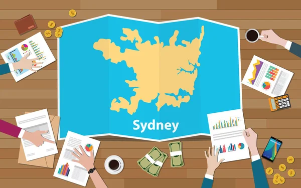 Sydney Australien Hauptstadt Region Wirtschaftswachstum Mit Team Diskutieren Auf Faltkarten — Stockvektor