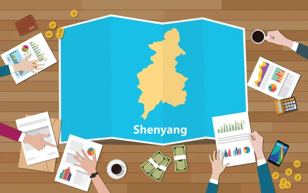 Shenyang China Liaoning Städteregion Wirtschaftswachstum Mit Team Diskutieren Auf Faltkarten — Stockvektor