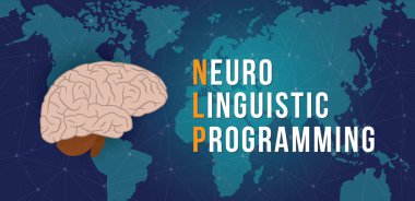NLP - Nöro linguistik programlama konsepti ile dünya harita ve siber arka plan - vektör çizim