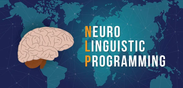 Nlp Conceito Programação Neurolinguística Com Mapa Mundo Fundo Ciberespaço Ilustração —  Vetores de Stock