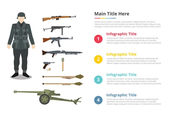 Asker ww2 ordusu üniforması ve askeri silah infographics şablonuyla boş alan metin açıklaması - vektör çizim 4 puan — Stok Vektör