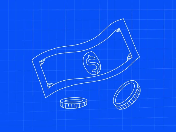 dollar money and coin blueprint concept doodle art - image illustration