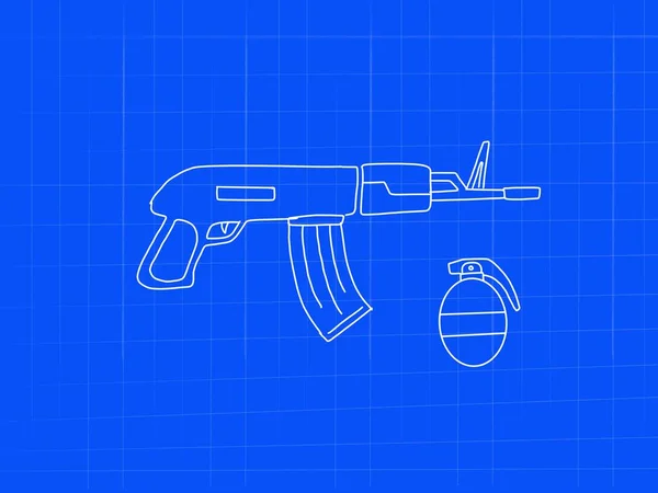 Machine gun riffle with grenade blueprint doodle art - image illustration — Stock Photo, Image