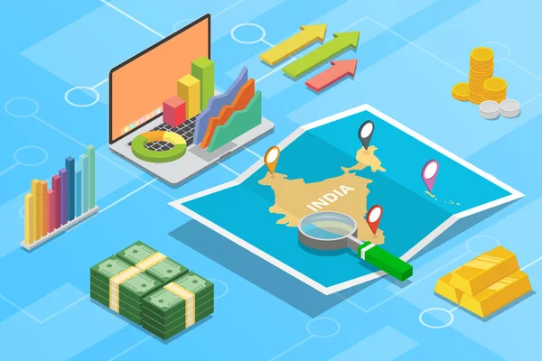 Índia economia empresarial crescimento país com mapa e condição financeira - ilustração vetorial — Vetor de Stock