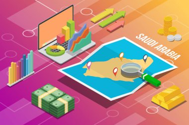 Suudi Arabistan Krallığı izometrik iş ekonomisi büyüme ülke ile harita ve finans koşul - vektör çizim