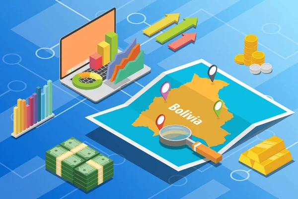 Bolívia economia empresarial isométrica crescimento país com mapa e condição financeira - vetor —  Vetores de Stock