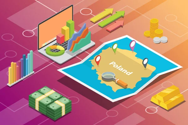País de crescimento da economia empresarial polinométrica isométrica com condição de mapa e finanças - vetor —  Vetores de Stock