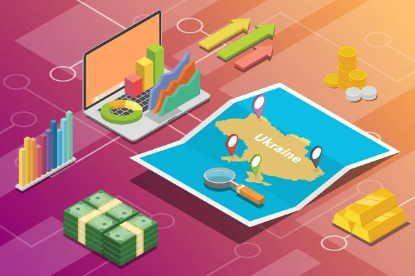 País de crescimento da economia empresarial isométrica ucraniana com condição de mapa e finanças - vetor —  Vetores de Stock