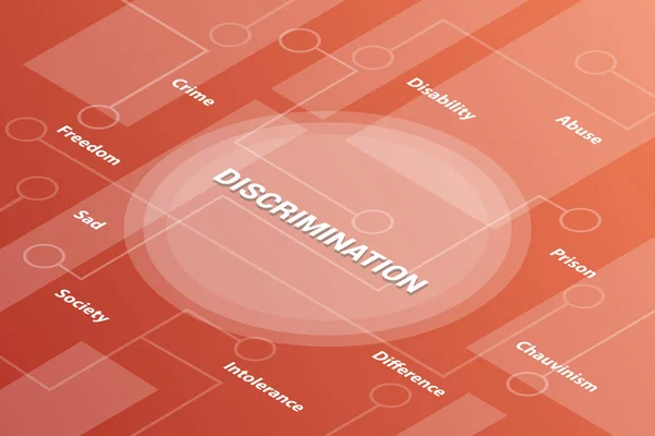 Konsep discrimination words isometric 3d word text concept with some related text and dot connected - vector - Stok Vektor