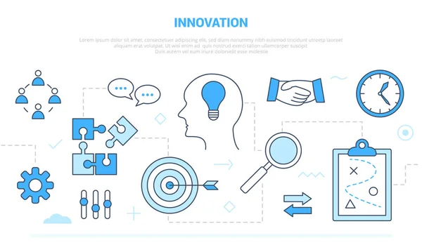 Innovation koncept med team brainstorming idé uppfinning kampanj för webbplats hemsida mall landning sida banner med kontur ikon stil — Stock vektor