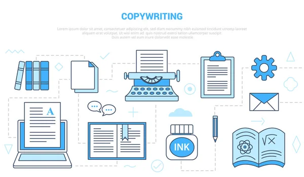 Concepto de copywriting o copywiter con banner de plantilla conjunto de iconos con estilo de color azul moderno — Vector de stock