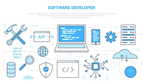 Concepto de desarrollador de software con banner de plantilla conjunto de iconos con estilo de color azul moderno — Vector de stock