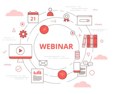 Webinar çevrimiçi öğretim kavramı simge set afişi ile modern turuncu renk tarzına sahip