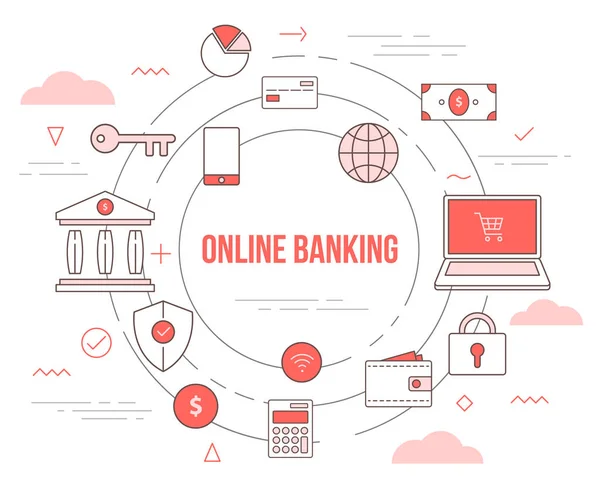 Conceito de tecnologia bancária online com banner de modelo de conjunto de ícones com estilo de cor laranja moderno — Vetor de Stock
