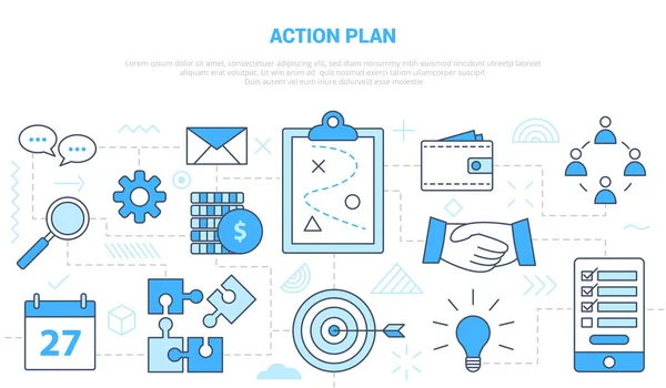 Concepto de plan de acción empresarial con banner de plantilla conjunto de iconos con estilo de color azul moderno — Vector de stock