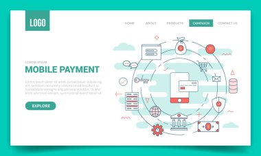 Web sitesi şablonu veya iniş sayfası ana sayfası için çember simgesiyle mobil ödeme kavramı