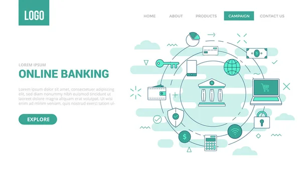Concetto di online banking con icona cerchio per il modello di sito web o pagina di destinazione banner homepage — Vettoriale Stock