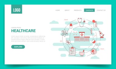 Web sitesi şablonu veya iniş sayfası ana sayfası için çember simgesine sahip sağlık hizmeti kavramı