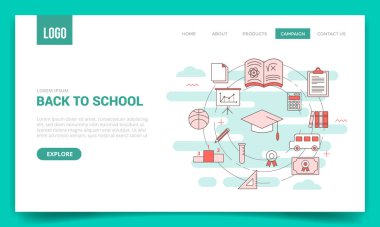 Web sitesi şablonu veya indirme sayfası ana sayfası için daire simgesi ile okul konseptine geri dön