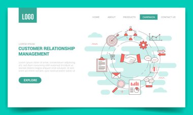 crm müşteri yönetimi kavramı web sitesi şablonu veya iniş sayfası ana sayfası için daire simgesi ile birlikte