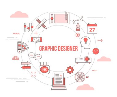 Simge set afişi ile grafik tasarımcısı konsepti modern turuncu renk biçimi ve daire şeklinde