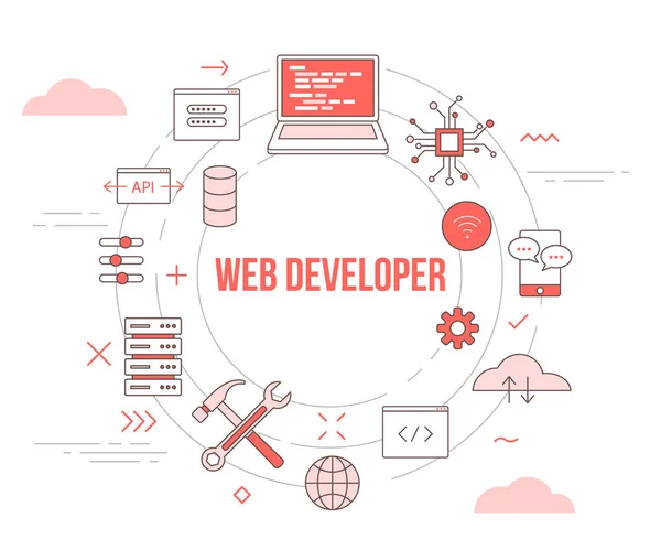 Web of website developer concept met pictogram set sjabloon banner met moderne oranje kleur stijl en cirkel vorm — Stockvector