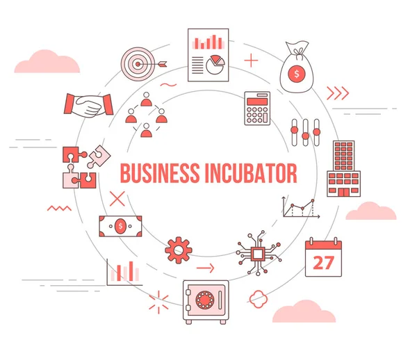 Podnikatelský inkubátor koncept s ikonou set šablona banner s moderní oranžové barvy stylu a kruhového tvaru — Stockový vektor