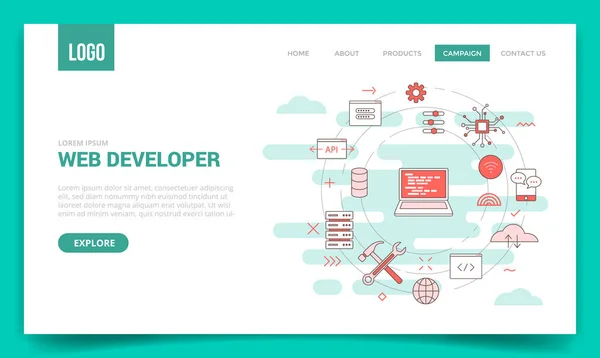 Concepto de desarrollador web con icono de círculo para la plantilla del sitio web o página de destino banner página de inicio — Vector de stock