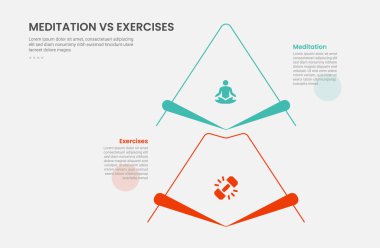 Slayt sunum vektörü için dikey 2 nokta karşılaştırma şablonu ile yaratıcı ok istifleme ile meditasyon vs exfographic outline style