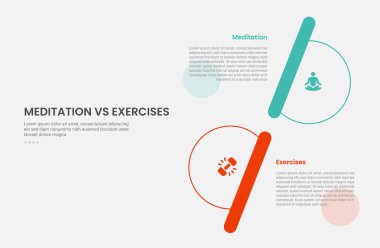 Meditasyon vs egzersiz bilgi tablosu biçimi yarım çember dikey yığın şekil karşı yönde 2 nokta karşılaştırma şablonu ile slayt sunum vektörü için
