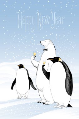 Mutlu yıllar 2017 vektör tebrik kartı. Kutup ayısı ve penguenler şampanya içiyorlar. Standart olmayan komik bir illüstrasyon. Mutlu Yıllar el çizimi metni olan tasarım ögesi