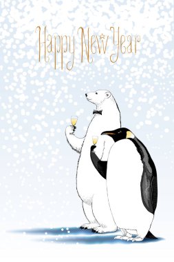 Mutlu yıllar 2017 vektör çizimi, tebrik kartı. Kutup ayısı ve penguen bir bardak şampanya içiyorlar. Standart olmayan komik çizimler. Mutlu Yıllar metni olan tasarım ögesi