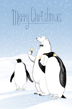 Mutlu noel vektörü mevsimlik tebrik kartı. Penguen, kutup ayısı sevimli karakterler şampanya içiyorlar. Standart olmayan komik çizimler. Mutlu Noeller işareti olan tasarım ögesi