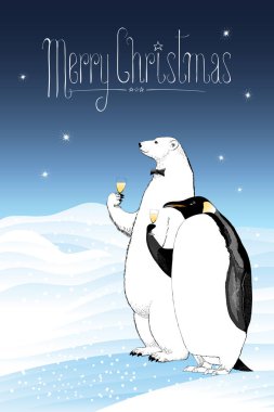 Mutlu Noeller vekil tebrik kartı. Penguen, kutup ayısı karakterleri şampanya içerken komik çizimler yapıyorlar. Mutlu Noel mektupları içeren tasarım ögesi