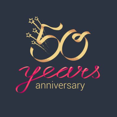 50 yıllık vektör ikonu, logo. 50. yıldönümü töreni için harf ve kırmızı kurdeleli grafiksel tasarım ögesi