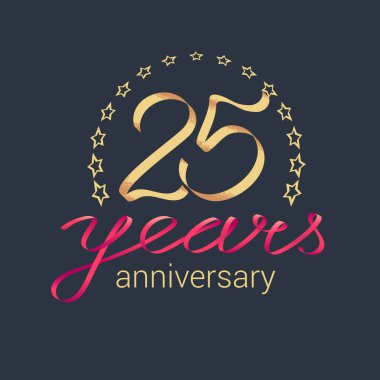 25 yıllık vektör ikonu, logo. 25. yıldönümü dekorasyonu için altın gerçekçi bukleli grafiksel tasarım ögesi