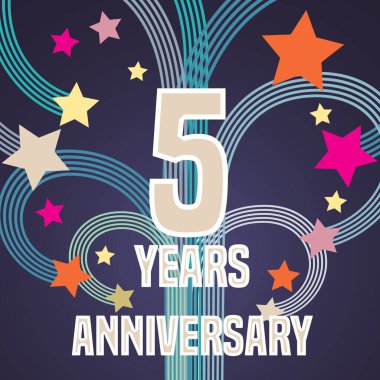 5. yıl dönümü vektör illüstrasyonu, afiş, el ilanı, ikon, sembol, işaret, logo. 5. yıl dönümü için havai fişekli grafik tasarım öğesi, doğum günü kartı