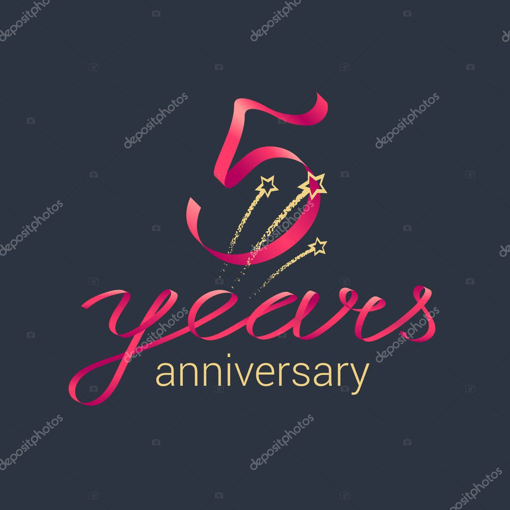 5 years anniversary vector icon,  logo. Graphic design element with red lettering and golden stars for decoration for 5th anniversary celebration