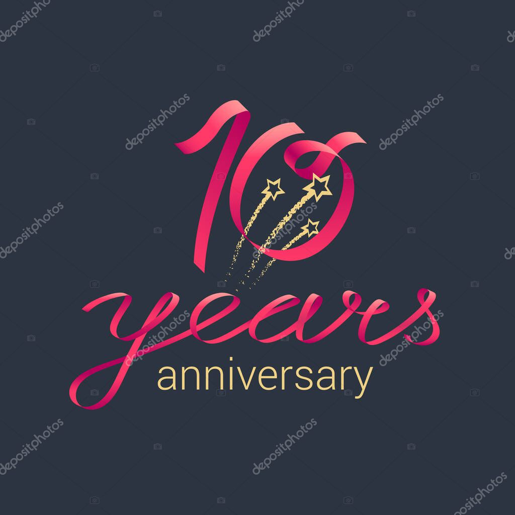 10 years anniversary vector icon,  logo. Graphic design element with red lettering and golden stars for decoration for 10th anniversary celebration