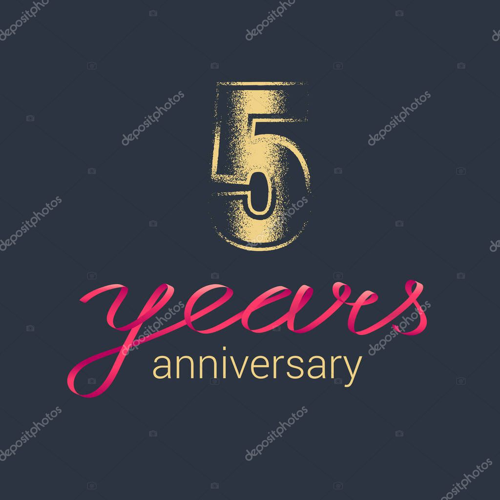 5 years anniversary vector icon,  logo. Graphic design element with golden glitter stamp for decoration for 5th anniversary