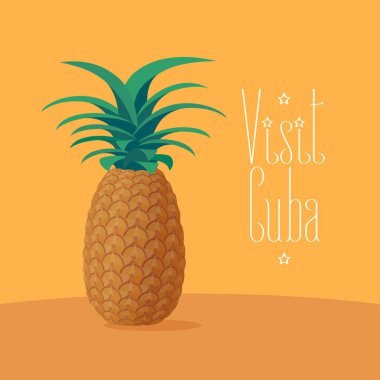 Küba ananas vektör çizimi. Poster, egzotik tropikal meyvelerle Küba 'ya seyahat için arka plan