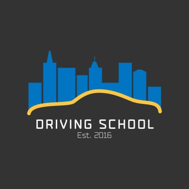 Okul vektör logosu, işaret, sembol, amblem. Bir gece şehri grafik tasarım unsuru üzerinde araba, konsept illüstrasyon