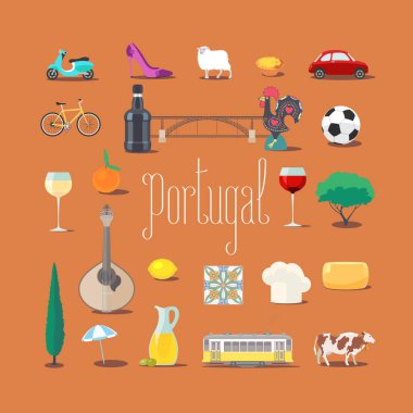 Portekiz simgelerini taşıyan ikonlar kümesi. Portekiz tasarım elementlerini ziyaret ederken Barcelos horozu, tramvay, porto şarabı ve sardalya sembolleri