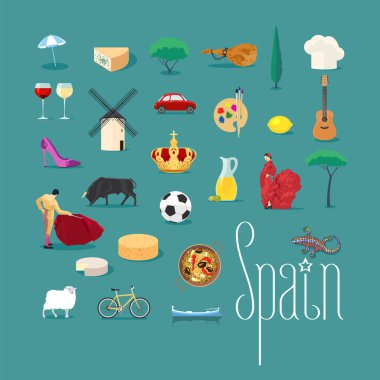 Vektör içinde İspanyolca işaretleri olan simgeler kümesi. Jamon, İspanyol boğa güreşçisi, flamenko, İspanya koleksiyonu için futbol sembolleri