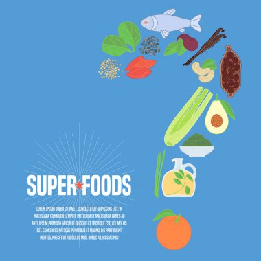 Superfood ürünleri, böğürtlenler, yeşiller. İnce çizgi simgeler, tasarım elementleri, kakao çekirdekli makale, buğday çimi, acai tohumu, süper yiyecek konsepti için spirulina