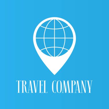 Seyahat acentelerinin vektör logosu, sembol. Seyahat şirketi için bir tasarım unsuru olarak işaretleme ve küresel illüstrasyon. Mobil uygulama, pankart veya arkaplan için simge olarak kullanılabilir