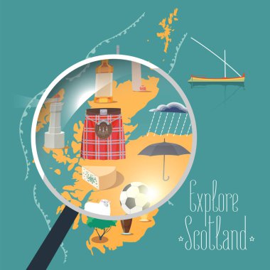 İskoçya vektör çizimi haritası, tasarım elementi. İskoç simgeleri, ünlü kültürel nesneler, viski, futbol