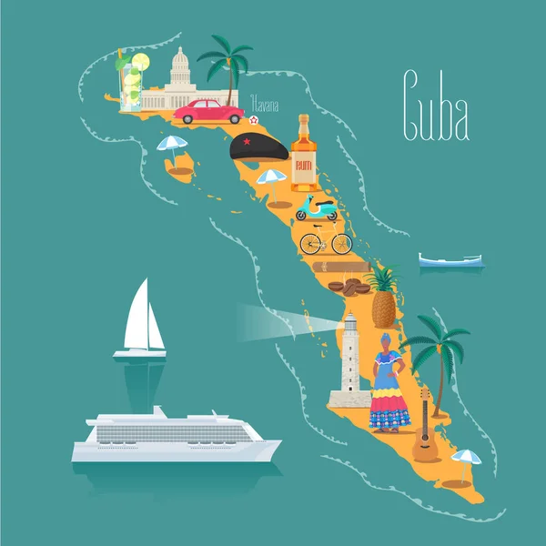 Mapa Cuba Vector Ilustración Diseño Iconos Con Hitos Cubanos Mujer — Vector de stock