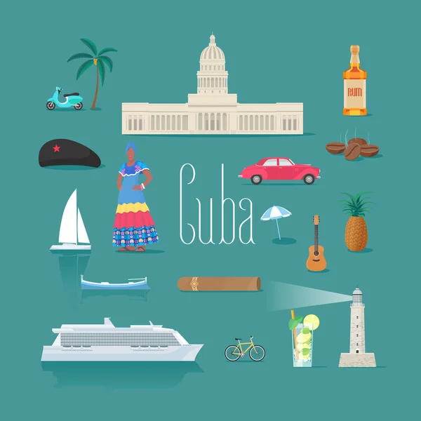 一组图标 其矢量为古巴地标 Che Rum Car Symbols Visit Cuba Design Elements — 图库矢量图片